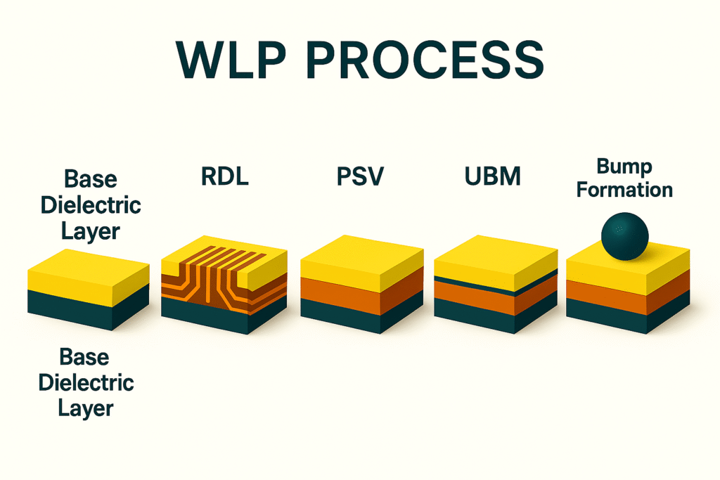 WLP 패키징 전체 공정 흐름 정리: Base Dielectric Layer → RDL → PSV → UBM → Bump Formation
